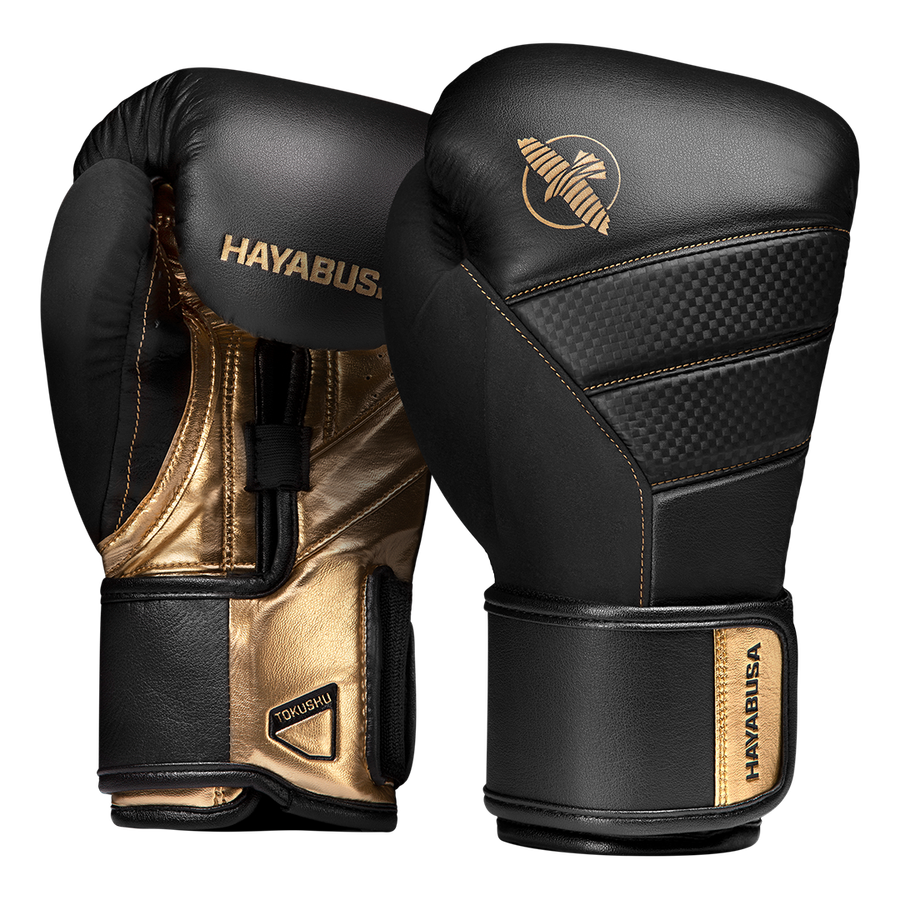 Black and gold Hayabusa T3 boxing gloves